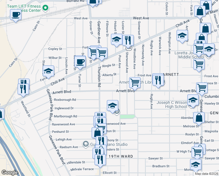 map of restaurants, bars, coffee shops, grocery stores, and more near 65 Wilton Terrace in Rochester