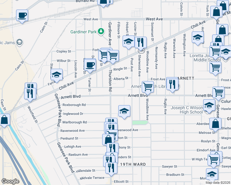 map of restaurants, bars, coffee shops, grocery stores, and more near 5 Wilton Terrace in Rochester