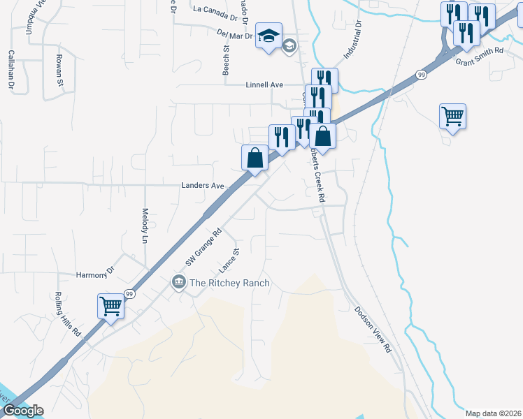 map of restaurants, bars, coffee shops, grocery stores, and more near 4918 Southwest Grange Road in Roseburg