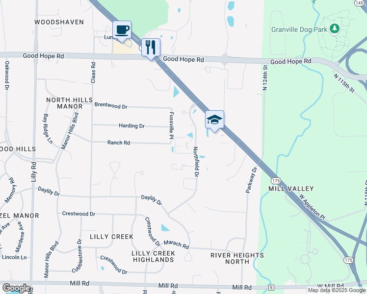 map of restaurants, bars, coffee shops, grocery stores, and more near W129N6889 Northfield Drive in Menomonee Falls