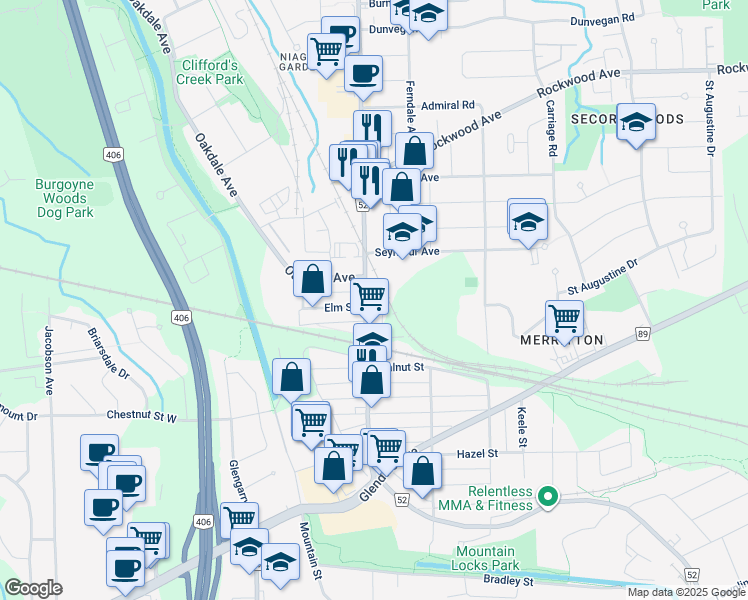 map of restaurants, bars, coffee shops, grocery stores, and more near in St. Catharines