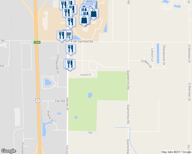 map of restaurants, bars, coffee shops, grocery stores, and more near 1777 Grevel Court in Muskegon