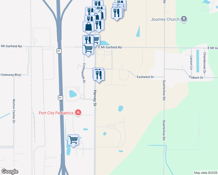 map of restaurants, bars, coffee shops, grocery stores, and more near 1676 Grevel Court in Muskegon
