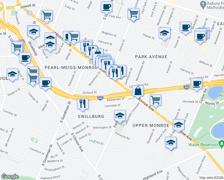 map of restaurants, bars, coffee shops, grocery stores, and more near 349 Rutgers Street in Rochester