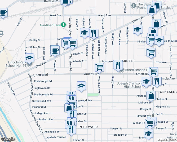 map of restaurants, bars, coffee shops, grocery stores, and more near 180 Post Avenue in Rochester