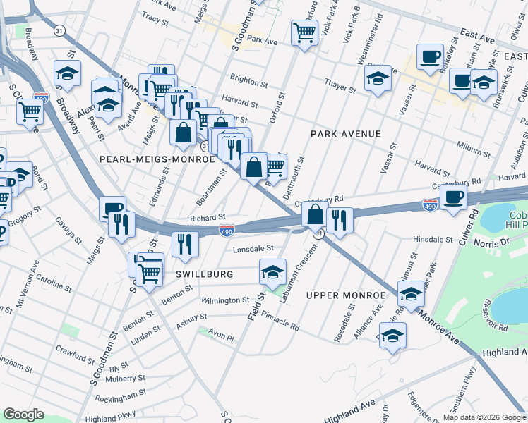 map of restaurants, bars, coffee shops, grocery stores, and more near in Rochester