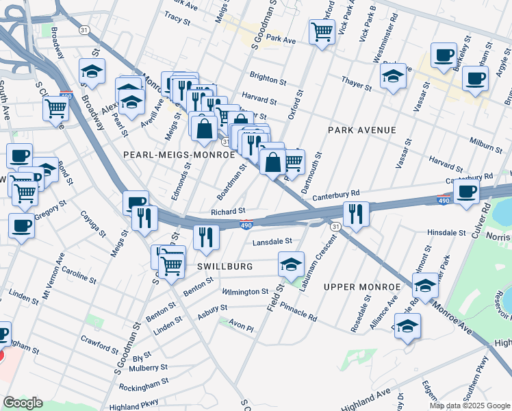 map of restaurants, bars, coffee shops, grocery stores, and more near 18 Sumner Park in Rochester