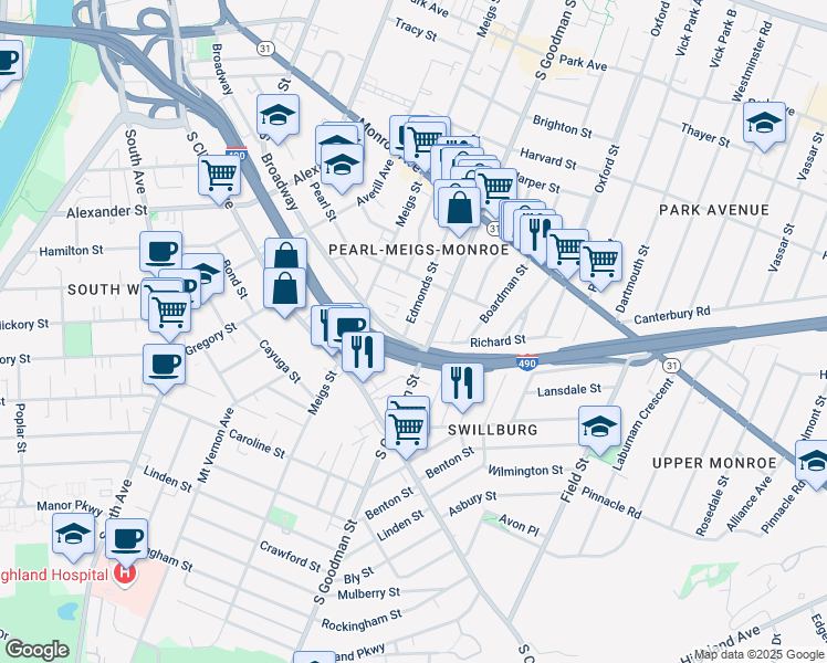 map of restaurants, bars, coffee shops, grocery stores, and more near 62 Edmonds Street in Rochester
