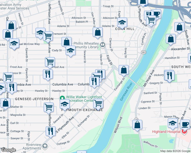 map of restaurants, bars, coffee shops, grocery stores, and more near 42 Bartlett Street in Rochester