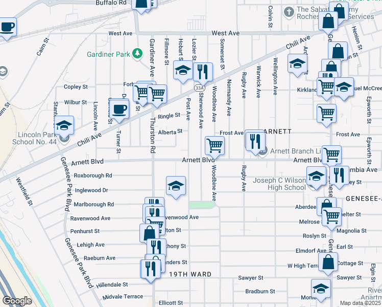 map of restaurants, bars, coffee shops, grocery stores, and more near 177 Sherwood Avenue in Rochester