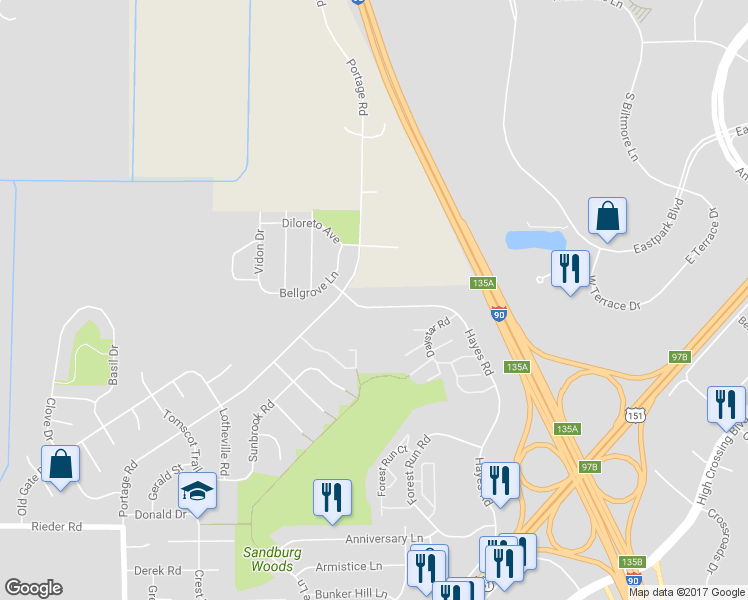 map of restaurants, bars, coffee shops, grocery stores, and more near 4199 Portage Road in Madison