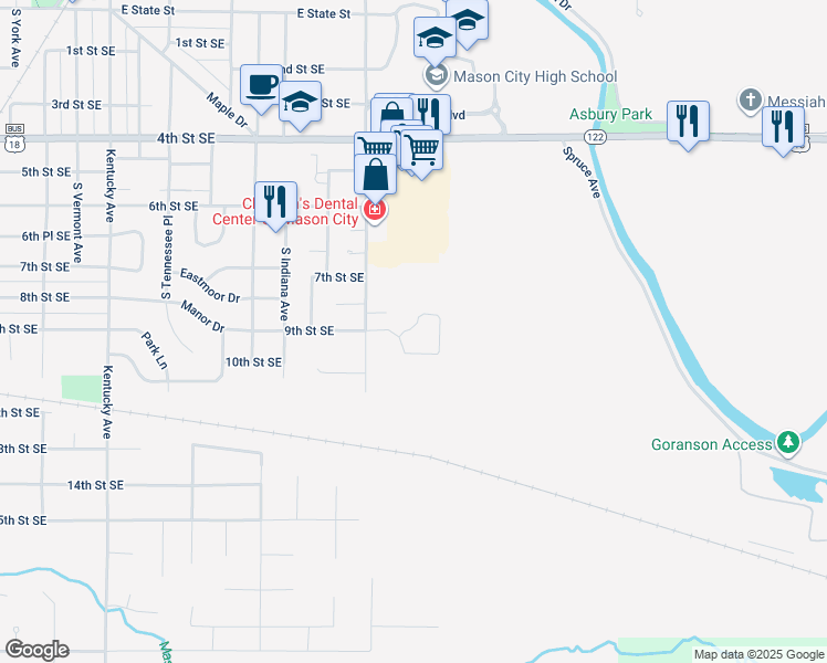 map of restaurants, bars, coffee shops, grocery stores, and more near 1600 Royale Circle in Mason City