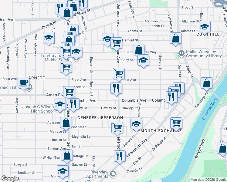map of restaurants, bars, coffee shops, grocery stores, and more near 157 Bartlett Street in Rochester
