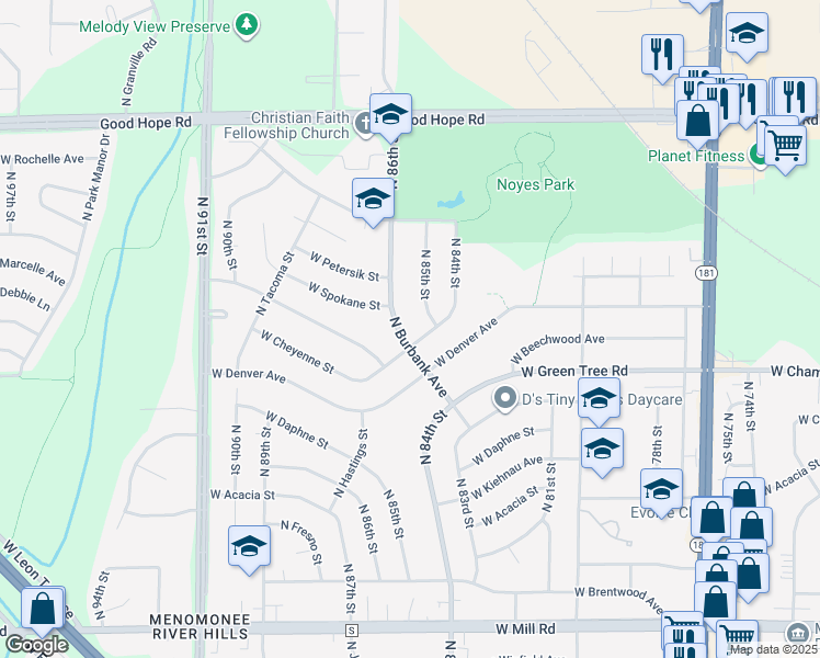 map of restaurants, bars, coffee shops, grocery stores, and more near 6863 North 85th Street in Milwaukee