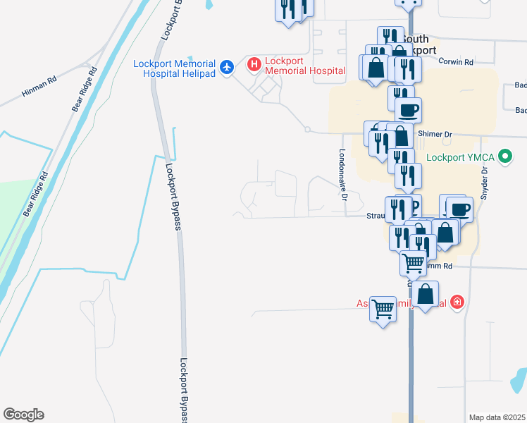 map of restaurants, bars, coffee shops, grocery stores, and more near 6061 Strauss Road in Lockport
