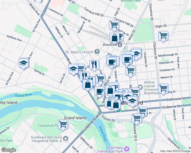 map of restaurants, bars, coffee shops, grocery stores, and more near Waterloo Street in Brantford