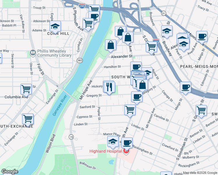 map of restaurants, bars, coffee shops, grocery stores, and more near in Rochester