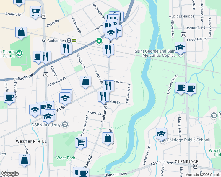 map of restaurants, bars, coffee shops, grocery stores, and more near 77 Pelham Road in St. Catharines