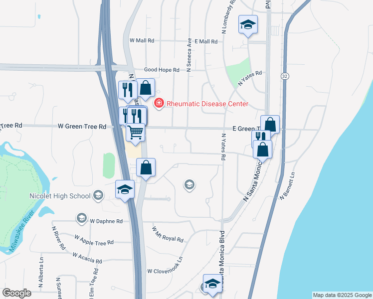map of restaurants, bars, coffee shops, grocery stores, and more near 6923 North Seneca Avenue in Glendale