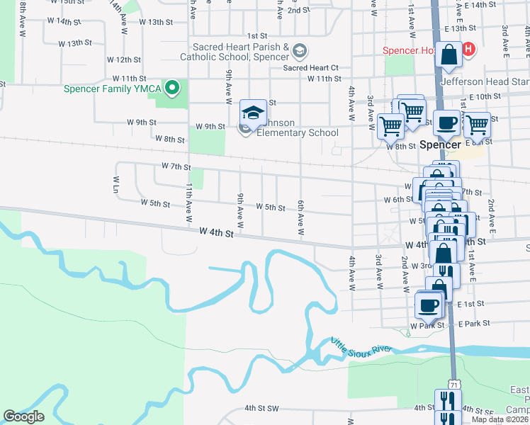 map of restaurants, bars, coffee shops, grocery stores, and more near 717 West 5th Street in Spencer