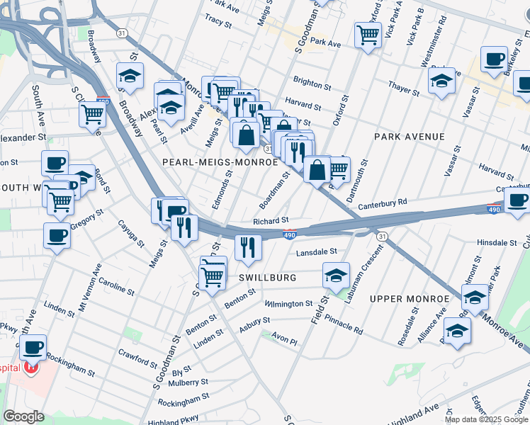 map of restaurants, bars, coffee shops, grocery stores, and more near 94 Boardman Street in Rochester