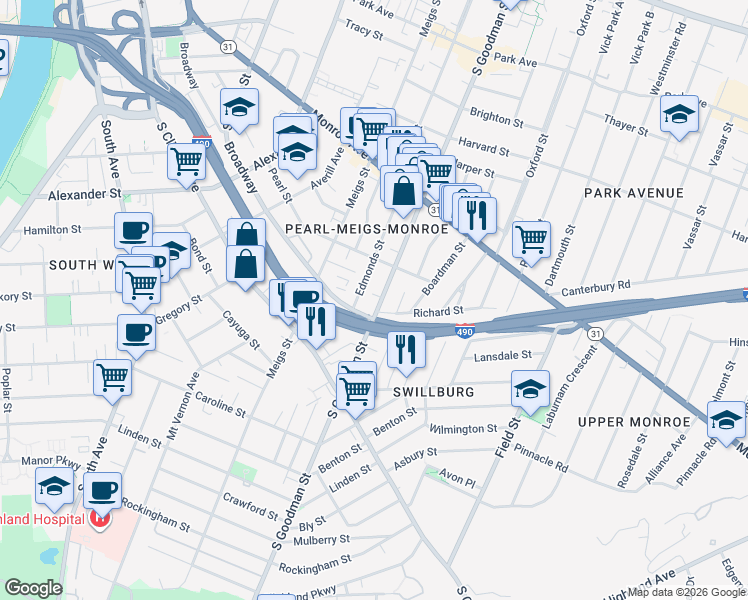 map of restaurants, bars, coffee shops, grocery stores, and more near 62 Edmonds Street in Rochester