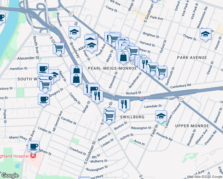 map of restaurants, bars, coffee shops, grocery stores, and more near 62 Edmonds Street in Rochester
