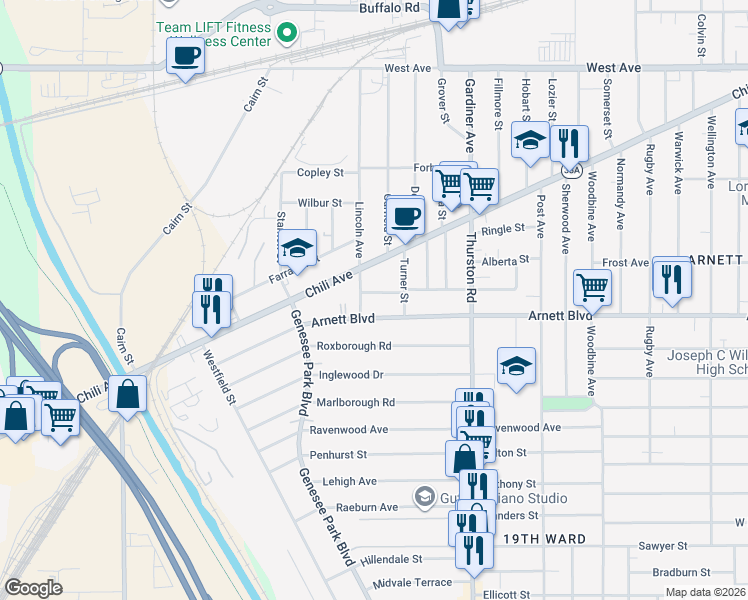 map of restaurants, bars, coffee shops, grocery stores, and more near 140 Devonshire Court in Rochester