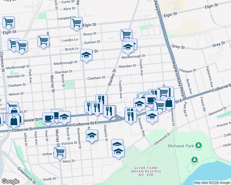 map of restaurants, bars, coffee shops, grocery stores, and more near 347 Nelson Street in Brantford
