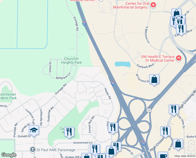 map of restaurants, bars, coffee shops, grocery stores, and more near 4670 Hayes Road in Madison