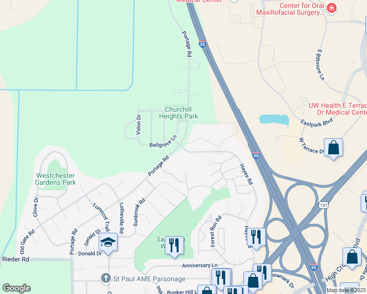 map of restaurants, bars, coffee shops, grocery stores, and more near 4199 Portage Road in Madison