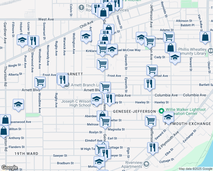 map of restaurants, bars, coffee shops, grocery stores, and more near 378 Genesee Street in Rochester