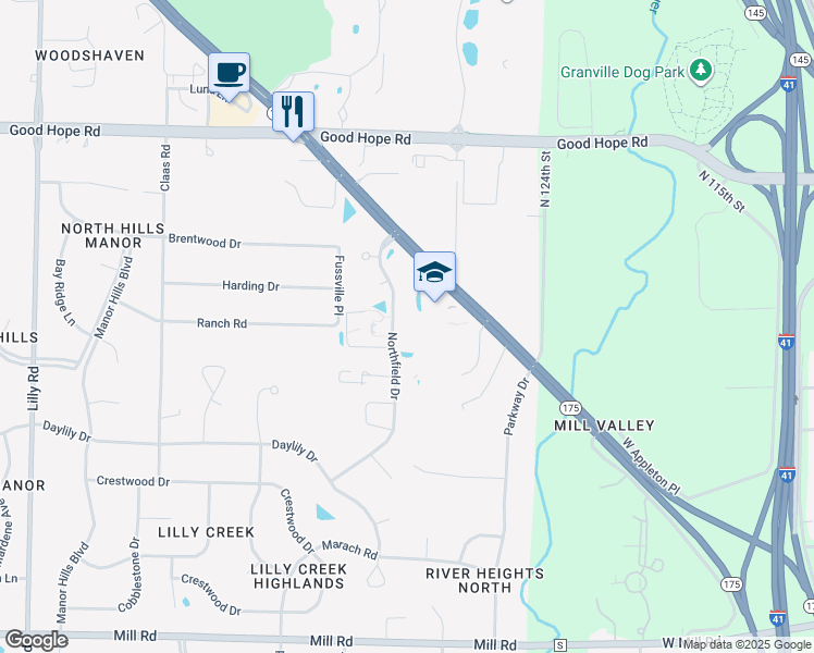map of restaurants, bars, coffee shops, grocery stores, and more near w128n6900 Northfield Drive in Menomonee Falls