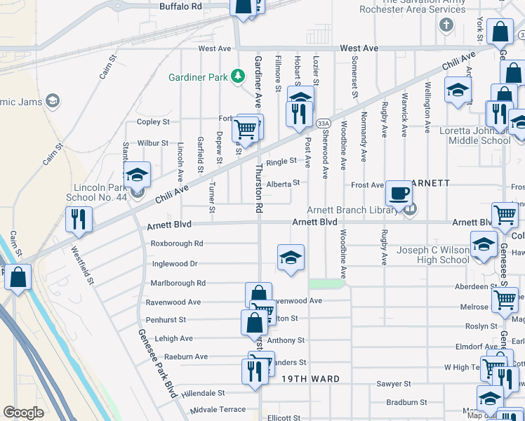 map of restaurants, bars, coffee shops, grocery stores, and more near 122 Thurston Road in Rochester