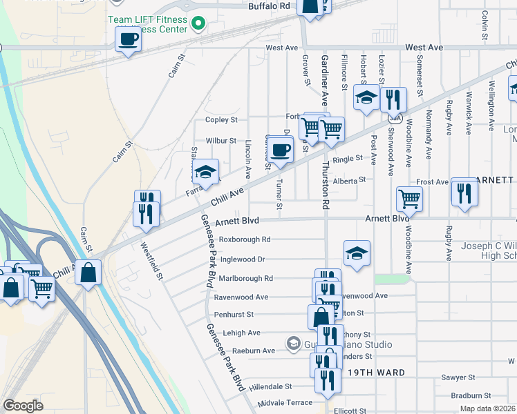 map of restaurants, bars, coffee shops, grocery stores, and more near 140 Devonshire Court in Rochester