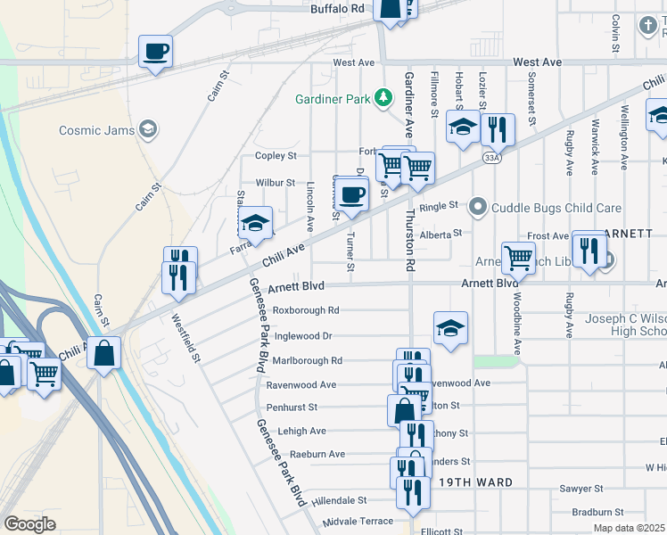 map of restaurants, bars, coffee shops, grocery stores, and more near 140 Devonshire Court in Rochester
