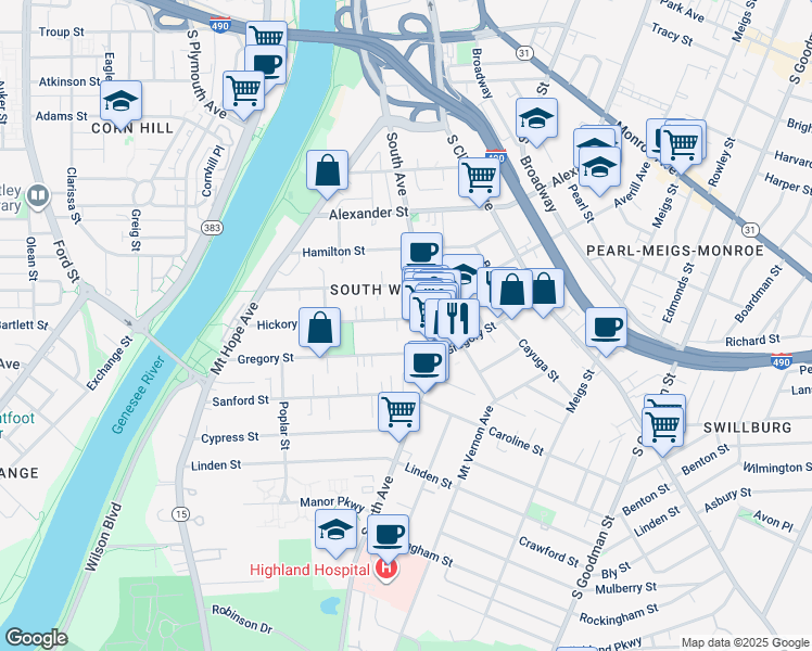 map of restaurants, bars, coffee shops, grocery stores, and more near 98 Hickory Street in Rochester