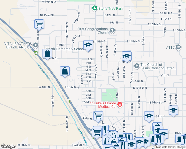 map of restaurants, bars, coffee shops, grocery stores, and more near 281 L Street in Mountain Home