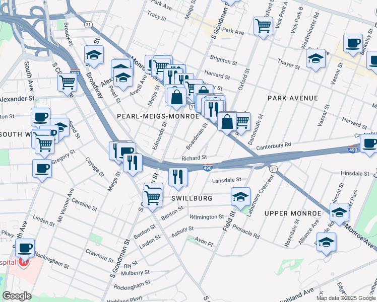 map of restaurants, bars, coffee shops, grocery stores, and more near 94 Boardman Street in Rochester