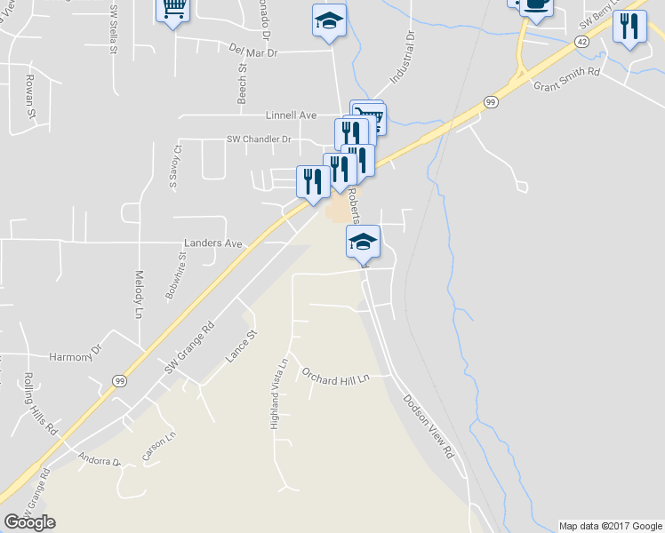 map of restaurants, bars, coffee shops, grocery stores, and more near 161 Brittney Avenue in Roseburg