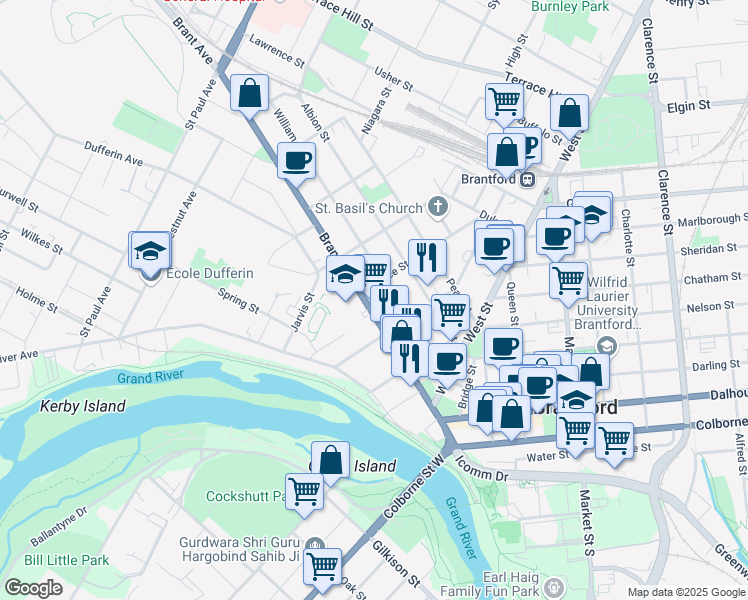 map of restaurants, bars, coffee shops, grocery stores, and more near 107 Brant Avenue in Brantford