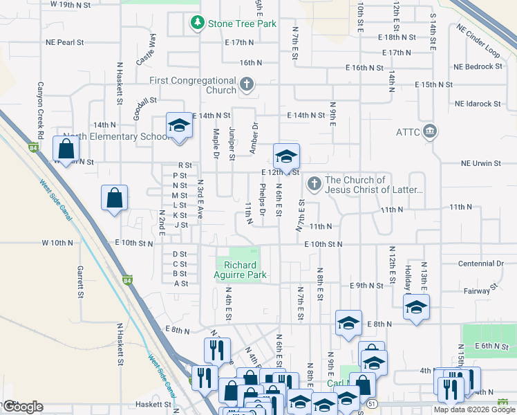map of restaurants, bars, coffee shops, grocery stores, and more near 1130 Phelps Drive in Mountain Home
