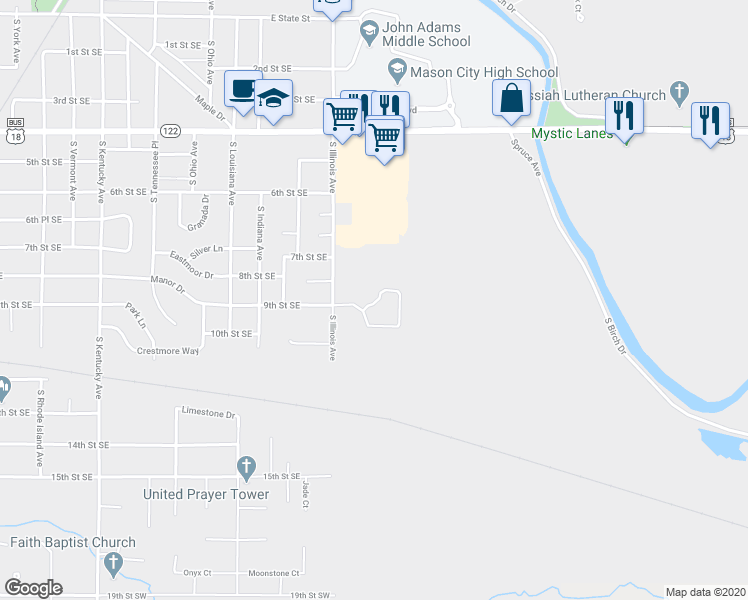 map of restaurants, bars, coffee shops, grocery stores, and more near 1600 Royale Circle in Mason City