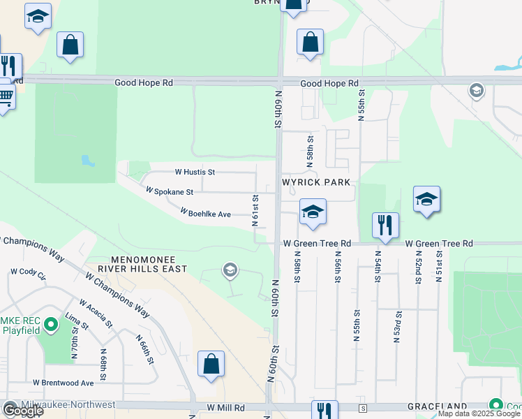 map of restaurants, bars, coffee shops, grocery stores, and more near 6866 North 61st Street in Milwaukee