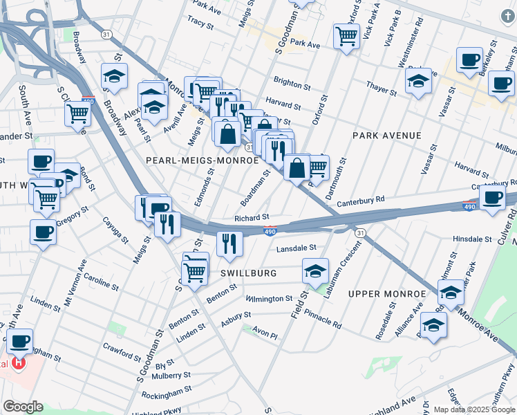 map of restaurants, bars, coffee shops, grocery stores, and more near 94 Boardman Street in Rochester