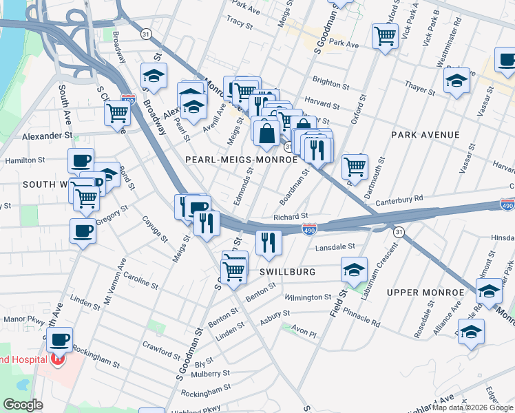 map of restaurants, bars, coffee shops, grocery stores, and more near 29 Rising Place in Rochester