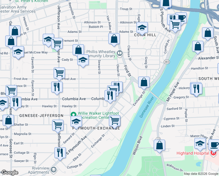 map of restaurants, bars, coffee shops, grocery stores, and more near 42 Bartlett Street in Rochester