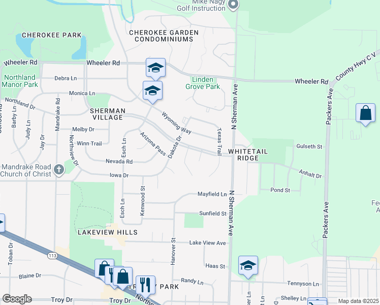 map of restaurants, bars, coffee shops, grocery stores, and more near 1609 Delaware Boulevard in Madison