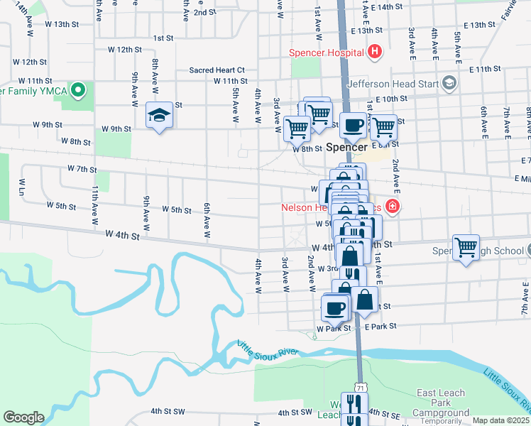 map of restaurants, bars, coffee shops, grocery stores, and more near 521 3rd Avenue West in Spencer