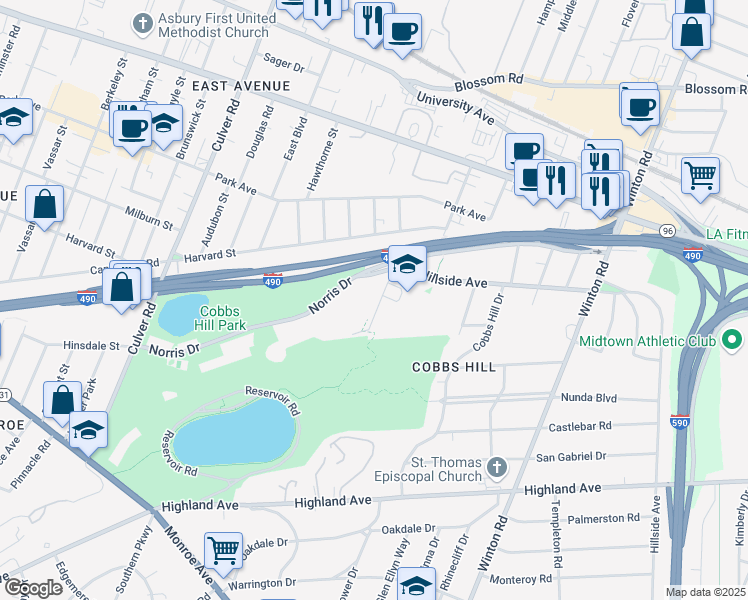 map of restaurants, bars, coffee shops, grocery stores, and more near 9 Hillside Avenue in Rochester